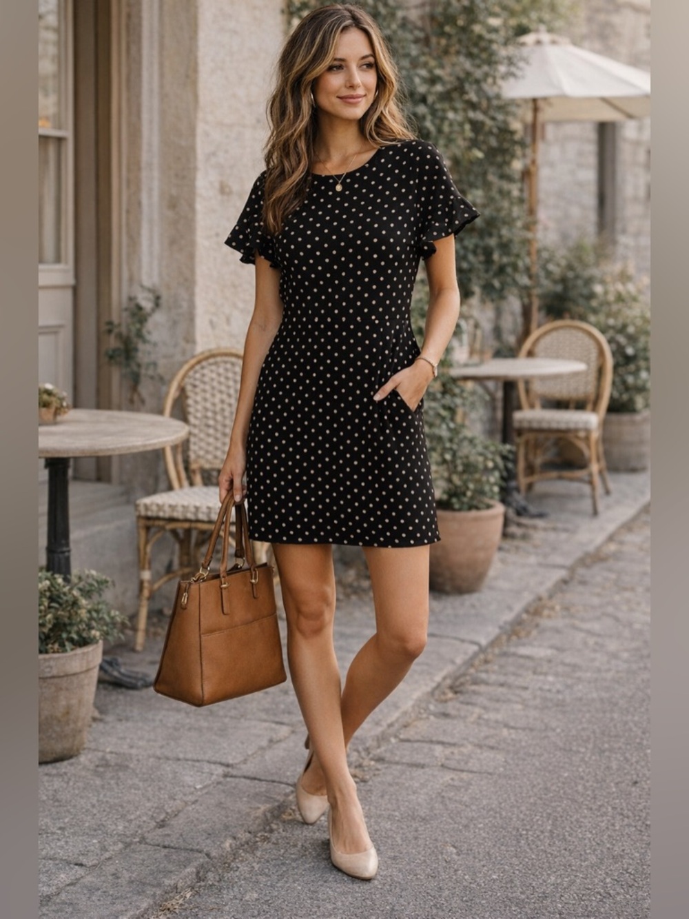 Old Navy Black Tan Polka Dot Flutter Sleeve Mini Dress size large Casual Work